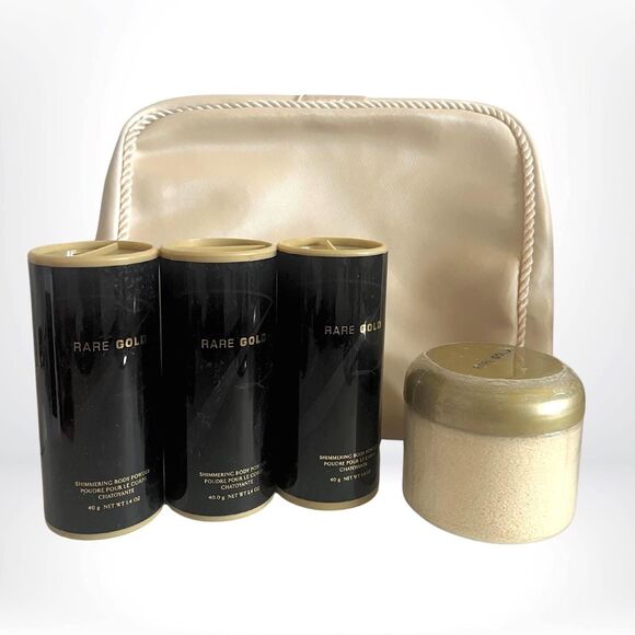 Avon1992 RARE GOLD (3) Shimmering Body Powders, Foaming Bath Salts, Cosmetic Bag